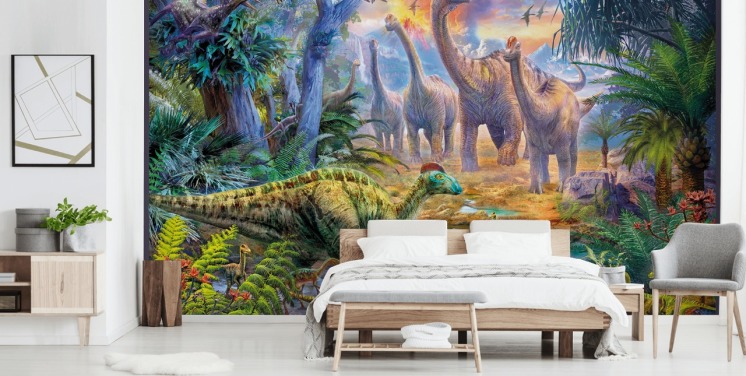 dinossauros andando longe do papel de parede vulcão