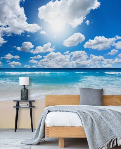 blue and white beach wallpaper mural called Ocean Skies for home offices, bathrooms and bedrooms blue and white beach wallpaper mural called Ocean Skies for home offices, bathrooms and bedrooms