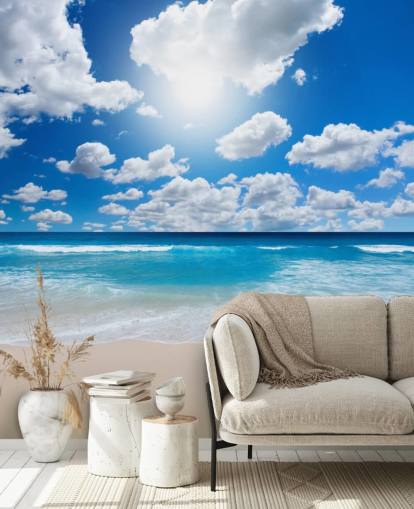 Blau-weiße Strandtapete namens Ocean Skies für Heimbüros, Badezimmer und Schlafzimmer Blau-weiße Strandtapete namens Ocean Skies für Heimbüros, Badezimmer und Schlafzimmer