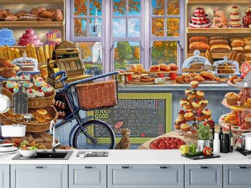 cake and bread shop interior wallpaper