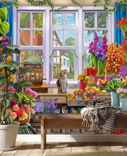 in einem bunten Blumenladen mit Katzentapete in einem bunten Blumenladen mit Katzentapete