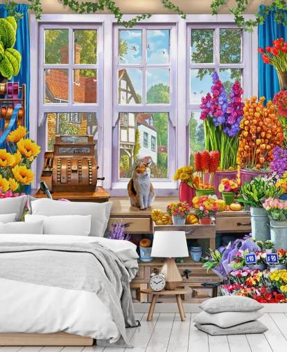 inne i en fargerik blomsterbutikk med katt tapet inne i en fargerik blomsterbutikk med katt tapet