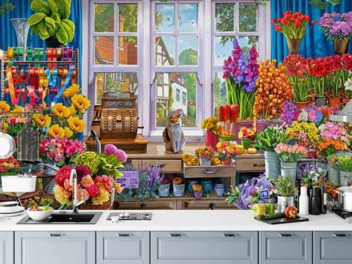 dentro de uma floricultura colorida com papel de parede de gato