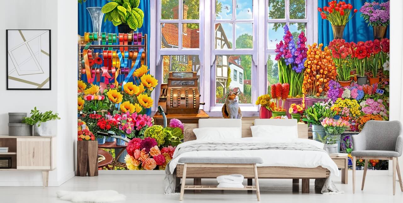 dentro de una colorida tienda de flores con papel pintado de gatos