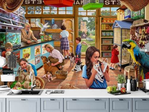 papel de parede retro pet shop ilustração