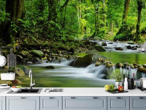 groene beek behangmuurschildering genaamd Beautiful Mountain Stream at Wallsauce voor slaapkamers, badkamers en kantoren