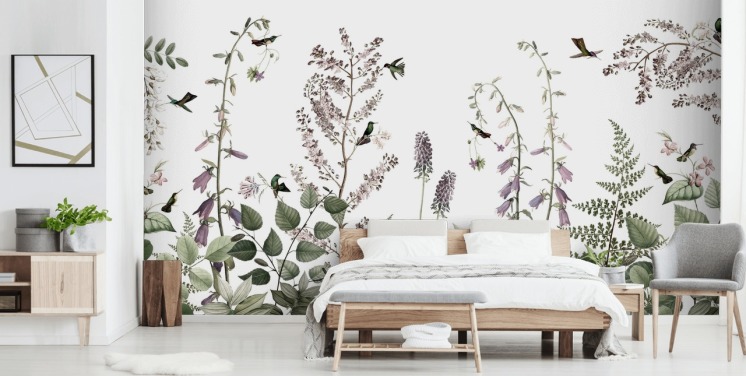 kleine kolibries en bloemenbehang