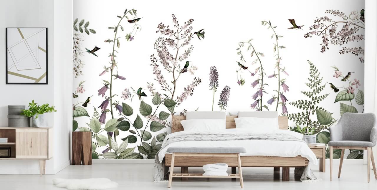 piccoli colibrì e carta da parati floreale piccoli colibrì e carta da parati floreale