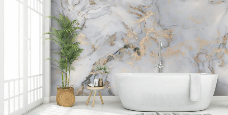 råhvid og guldfarvet tilpasselig marmortapet vægmaleri kaldet Decadent Marble til køkkener, badeværelser eller soveværelser