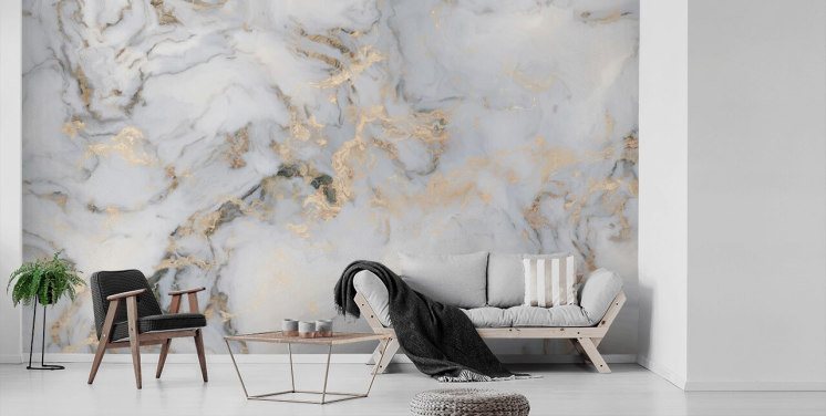 off-white og gullfarget tilpassbart marmortapet veggmaleri kalt Decadent Marble for kjøkken, bad eller soverom