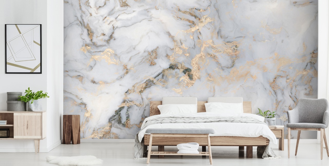 råhvid og guldfarvet tilpasselig marmortapet vægmaleri kaldet Decadent Marble til køkkener, badeværelser eller soveværelser