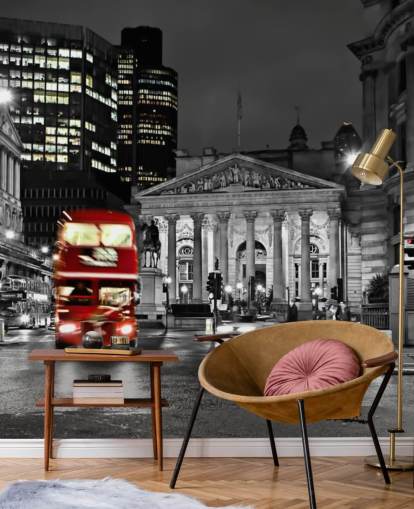 Graue und rote kundenspezifische Londoner Bus-Tapete namens Royal Exchange London für Esszimmer Graue und rote kundenspezifische Londoner Bus-Tapete namens Royal Exchange London für Esszimmer