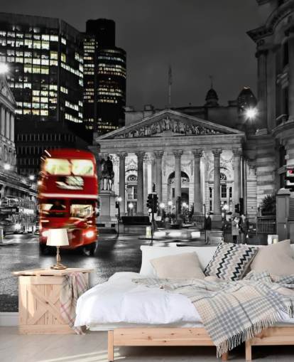 Graue und rote kundenspezifische Londoner Bus-Tapete namens Royal Exchange London für Esszimmer Graue und rote kundenspezifische Londoner Bus-Tapete namens Royal Exchange London für Esszimmer