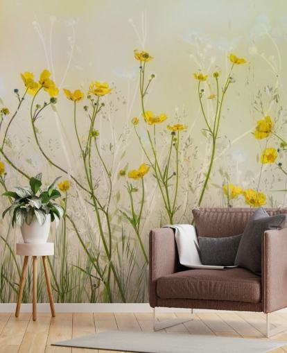 grønt og gult blomstertapet veggmaleri kalt Good Morning Flowers by 1x for soverom, stuer og spiserom grønt og gult blomstertapet veggmaleri kalt Good Morning Flowers by 1x for soverom, stuer og spiserom