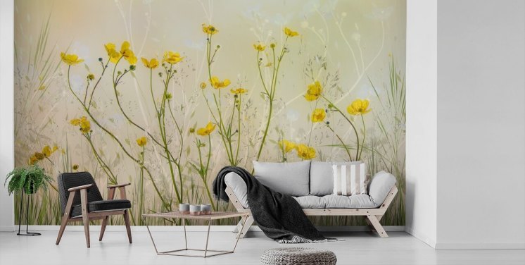 grønt og gult blomstertapet vægmaleri kaldet Good Morning Flowers by 1x til soveværelser, stuer og spisestuer