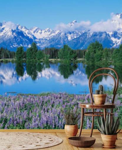 parque nacional de wyoming con montañas azules y cielo con fondo de pantalla de flores moradas parque nacional de wyoming con montañas azules y cielo con fondo de pantalla de flores moradas