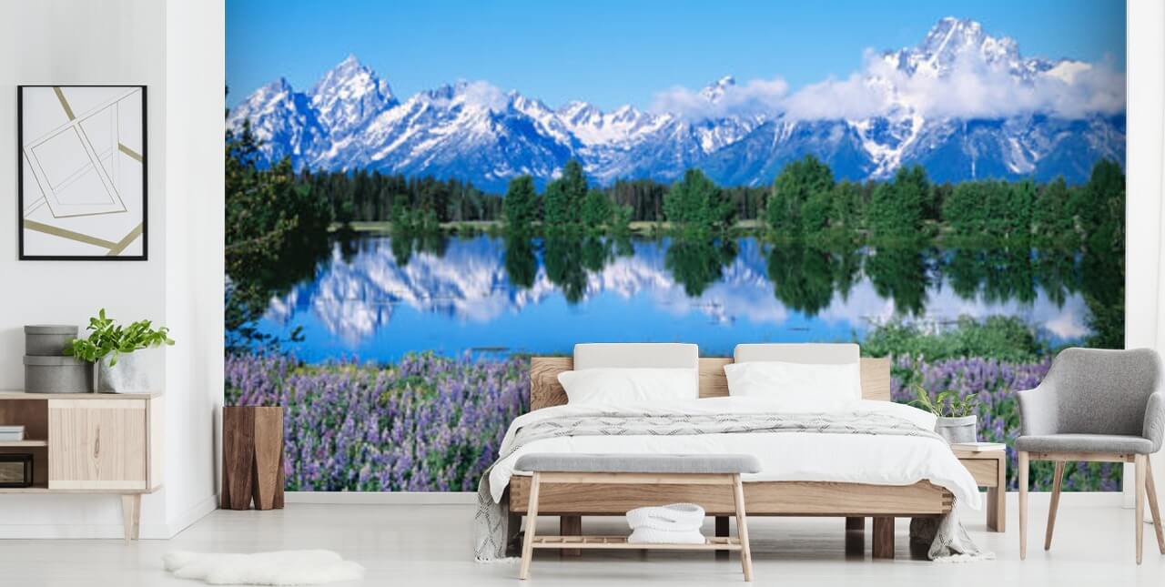 parque nacional de wyoming con montañas azules y cielo con fondo de pantalla de flores moradas parque nacional de wyoming con montañas azules y cielo con fondo de pantalla de flores moradas