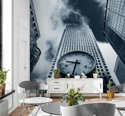 black and white toned clock and buildings wallpaper