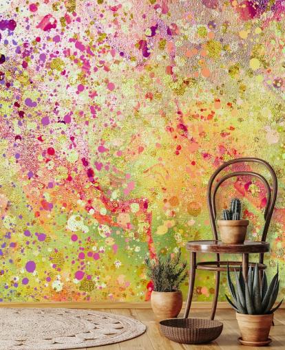 mural de papel pintado abstracto personalizado de pintura salpicada rosa, morado y dorado llamado Burst of Joy de Lara Skinner para dormitorios mural de papel pintado abstracto personalizado de pintura salpicada rosa, morado y dorado llamado Burst of Joy de Lara Skinner para dormitorios