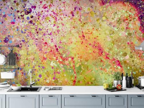 pink, purple and gold custom abstract splashed paint wallpaper mural called Burst of Joy by Lara Skinner for bedrooms