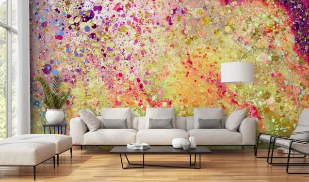 papier peint peint abstrait éclaboussé personnalisé rose, violet et or appelé Burst of Joy par Lara Skinner pour chambres