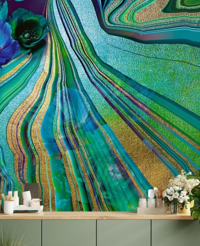 papel pintado de mármol y flores verdes y azules papel pintado de mármol y flores verdes y azules