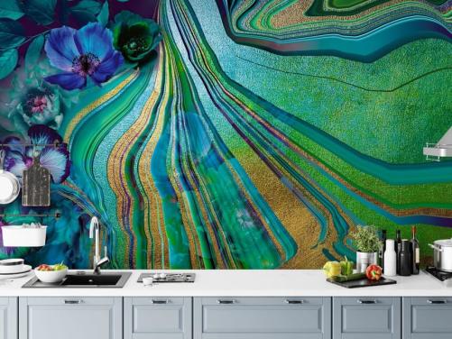 Aqua Floral and Marble Marble Wallpaper