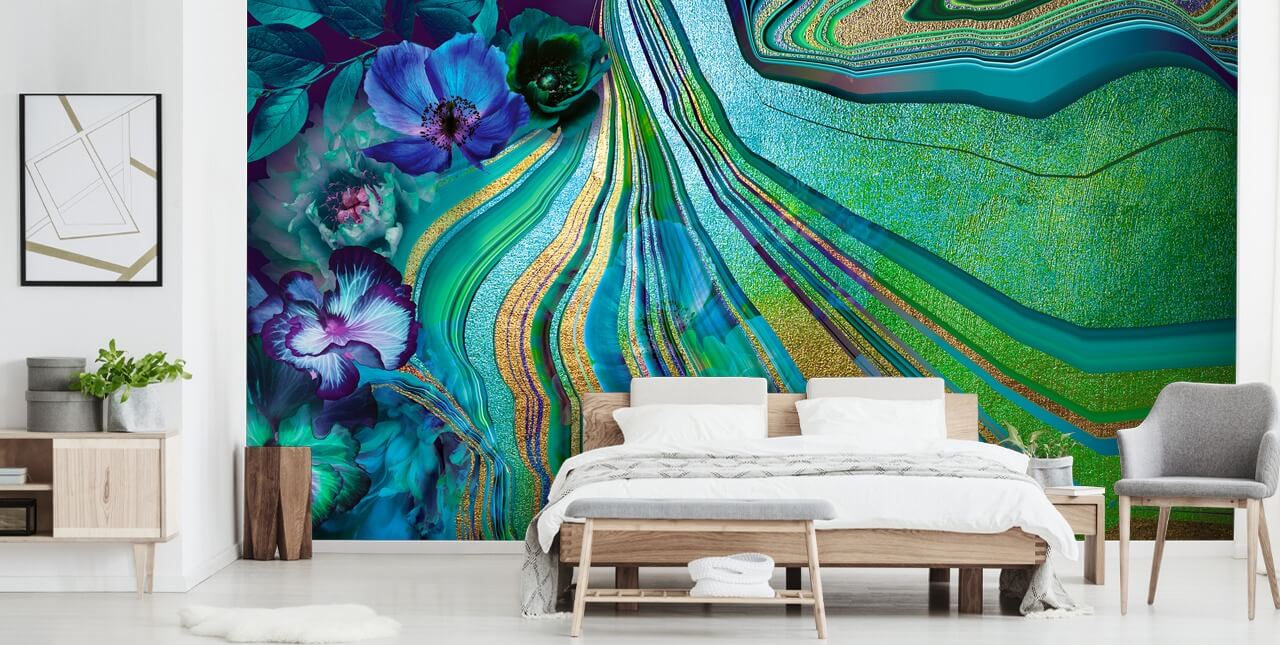papier peint fleurs et marbre vert et bleu papier peint fleurs et marbre vert et bleu