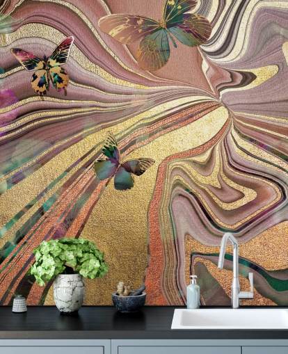 gold winged butterflies on purple, pink and gold geode wallpaper gold winged butterflies on purple, pink and gold geode wallpaper