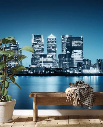 blue and white london skyline wall mural called Canary Wharf from Greenwich for offices blue and white london skyline wall mural called Canary Wharf from Greenwich for offices