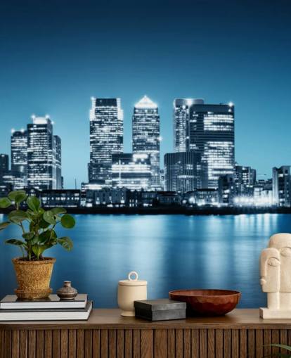 blue and white london skyline wall mural called Canary Wharf from Greenwich for offices blue and white london skyline wall mural called Canary Wharf from Greenwich for offices