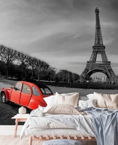 sort og hvid foto af eiffeltårnet og rød vintage bil tapet sort og hvid foto af eiffeltårnet og rød vintage bil tapet