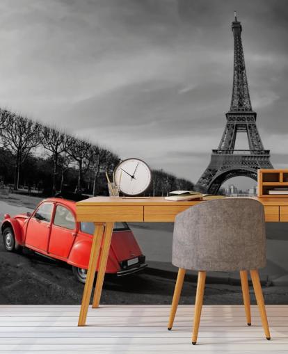 black and white photo of eiffel tower and red vintage car wallpaper black and white photo of eiffel tower and red vintage car wallpaper