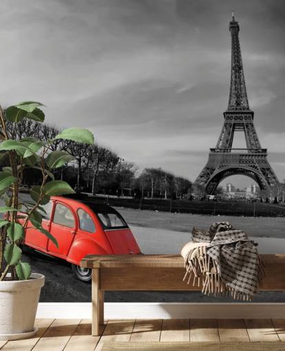 black and white photo of eiffel tower and red vintage car wallpaper black and white photo of eiffel tower and red vintage car wallpaper