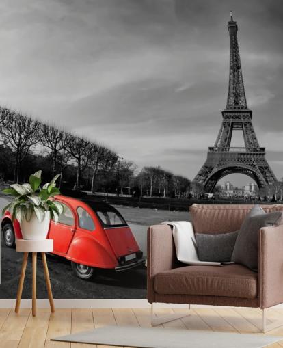 black and white photo of eiffel tower and red vintage car wallpaper black and white photo of eiffel tower and red vintage car wallpaper