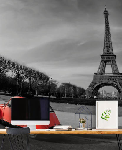 black and white photo of eiffel tower and red vintage car wallpaper black and white photo of eiffel tower and red vintage car wallpaper