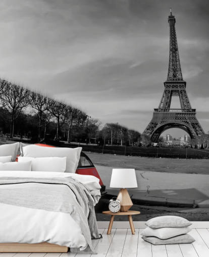 foto en blanco y negro de la torre eiffel y papel pintado rojo del coche vintage foto en blanco y negro de la torre eiffel y papel pintado rojo del coche vintage