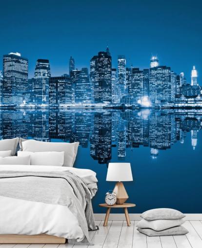 blauwe op maat gemaakte New York behangmuurschildering genaamd Manhattan, New York City voor woonkamers blauwe op maat gemaakte New York behangmuurschildering genaamd Manhattan, New York City voor woonkamers