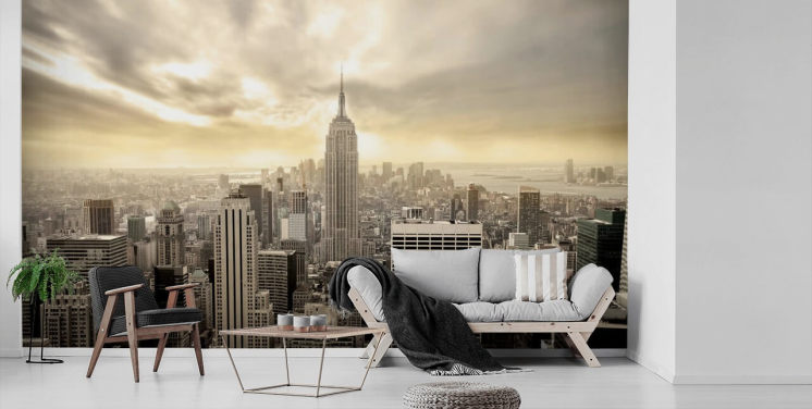 grijze aanpasbare New Yorkse behangmuurschildering genaamd Manhattan voor woonkamers