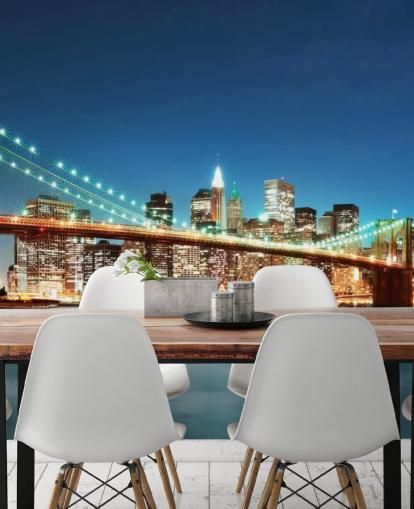 carta da parati murale blu personalizzabile di New York chiamata Brooklyn Bridge at Night per salotti carta da parati murale blu personalizzabile di New York chiamata Brooklyn Bridge at Night per salotti