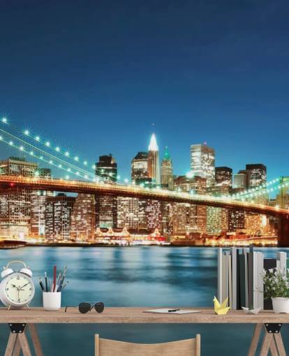 mural de papel de parede azul personalizável de Nova York chamado Brooklyn Bridge at Night para salas de estar mural de papel de parede azul personalizável de Nova York chamado Brooklyn Bridge at Night para salas de estar