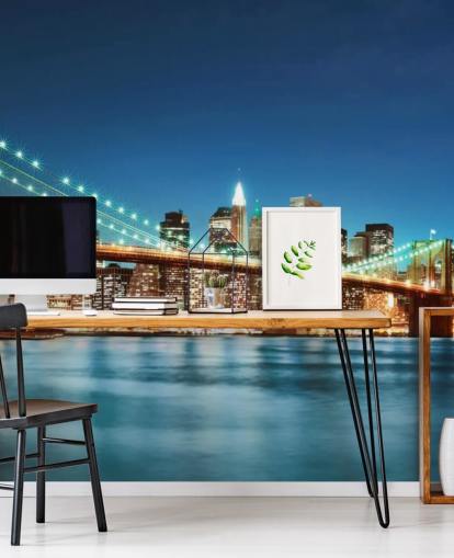 blue customisable New York wallpaper mural called Brooklyn Bridge at Night for living rooms blue customisable New York wallpaper mural called Brooklyn Bridge at Night for living rooms