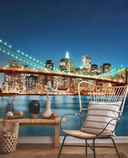 blue customisable New York wallpaper mural called Brooklyn Bridge at Night for living rooms blue customisable New York wallpaper mural called Brooklyn Bridge at Night for living rooms