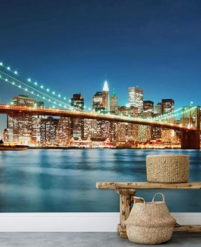 papier peint mural bleu personnalisable de New York appelé Brooklyn Bridge at Night pour les salons papier peint mural bleu personnalisable de New York appelé Brooklyn Bridge at Night pour les salons