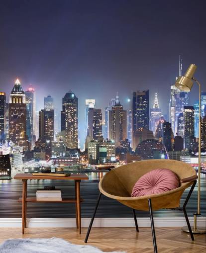 mural de papel de parede escuro personalizável de Nova York chamado New York Manhattan Skyline at Night para escritórios e salas de estar mural de papel de parede escuro personalizável de Nova York chamado New York Manhattan Skyline at Night para escritórios e salas de estar
