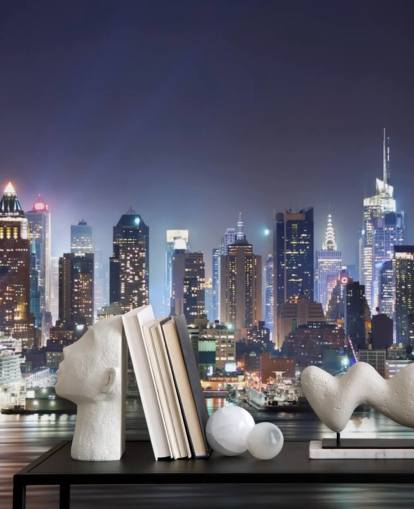 mural de papel de parede escuro personalizável de Nova York chamado New York Manhattan Skyline at Night para escritórios e salas de estar mural de papel de parede escuro personalizável de Nova York chamado New York Manhattan Skyline at Night para escritórios e salas de estar