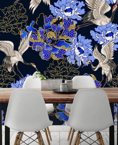 blue florals against dark background and cranes wallpaper blue florals against dark background and cranes wallpaper