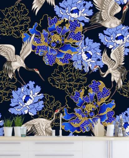 sininen kukka tummaa taustaa vasten ja nosturit tapetti sininen kukka tummaa taustaa vasten ja nosturit tapetti