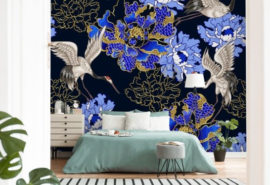 Blue Floral Cranes Blue Wallpaper