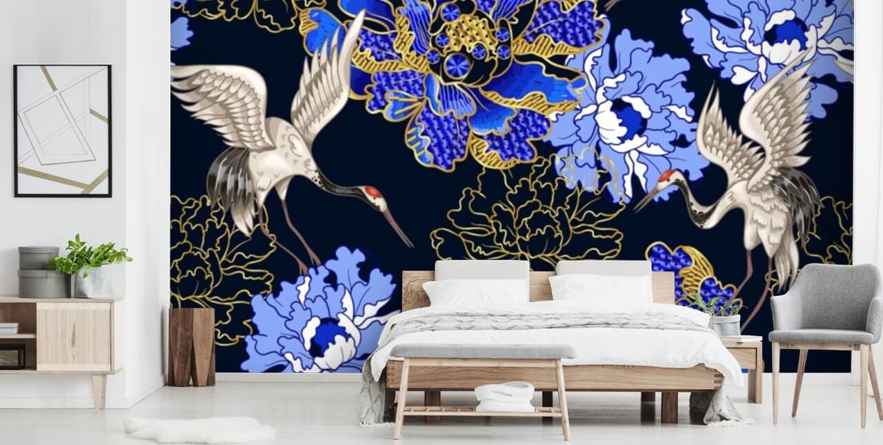 fiori blu su sfondo scuro e carta da parati gru